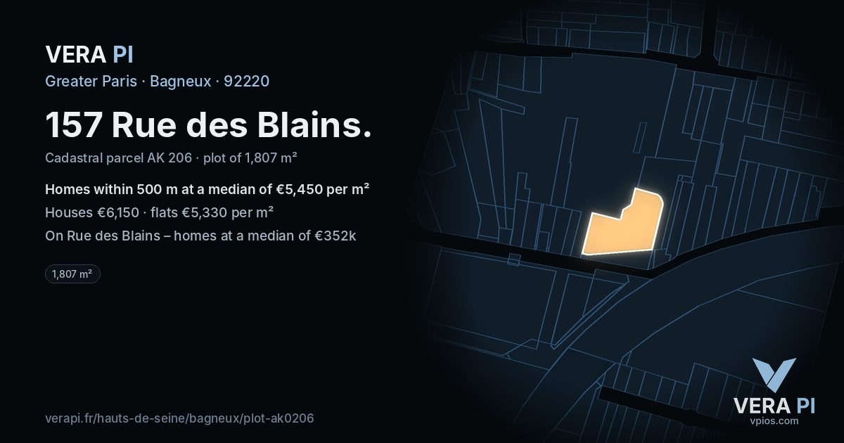 157 Rue des Blains, Bagneux at night – the plot lit, the parcels around coloured by the prices near them