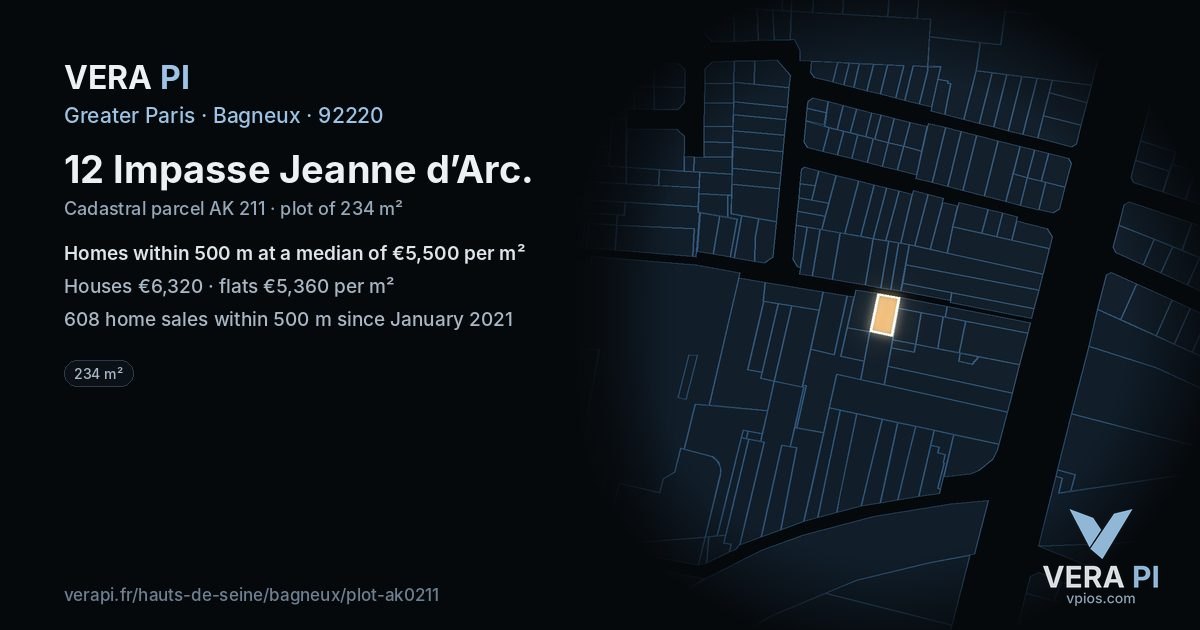 12 Impasse Jeanne d’Arc, Bagneux at night – the plot lit, the parcels around coloured by the prices near them