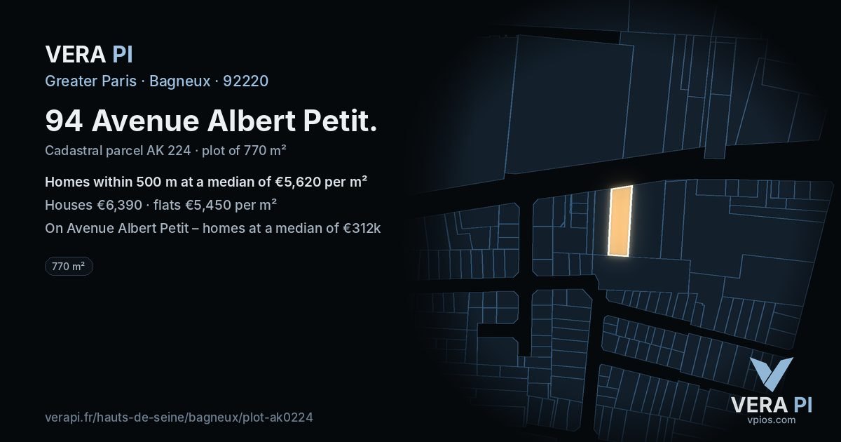 94 Avenue Albert Petit, Bagneux at night – the plot lit, the parcels around coloured by the prices near them