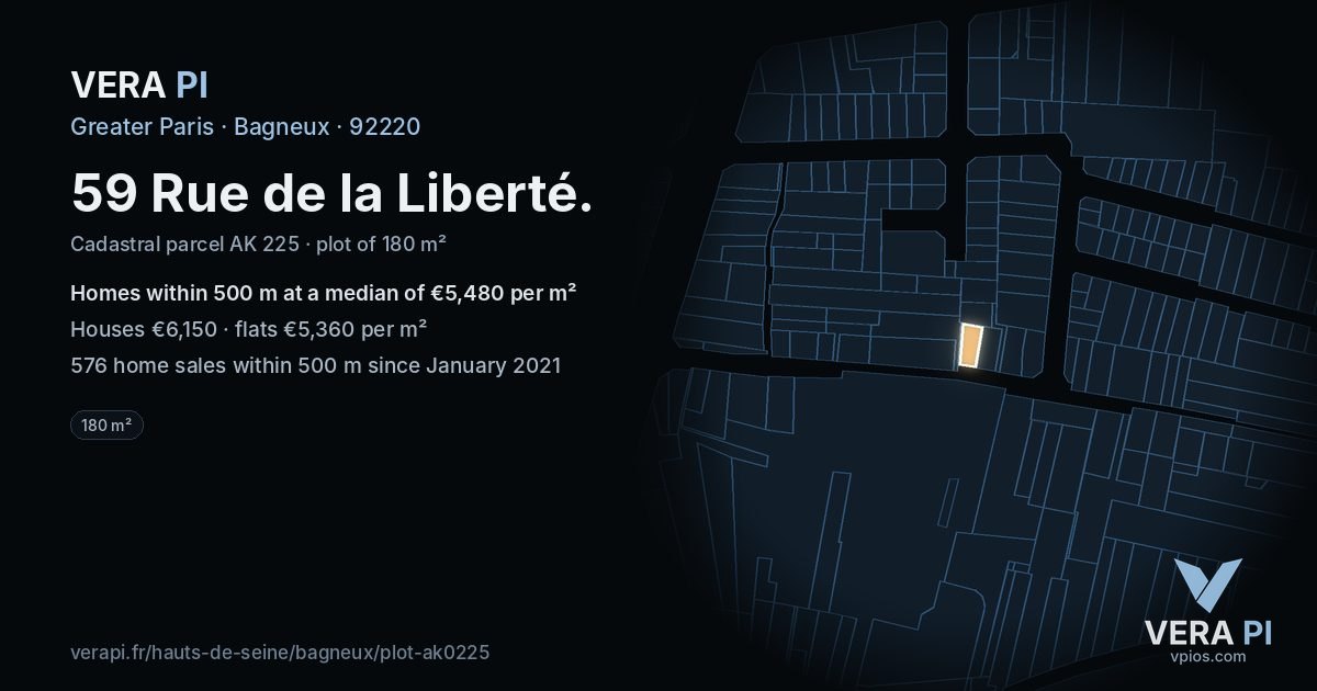 59 Rue de la Liberté, Bagneux at night – the plot lit, the parcels around coloured by the prices near them
