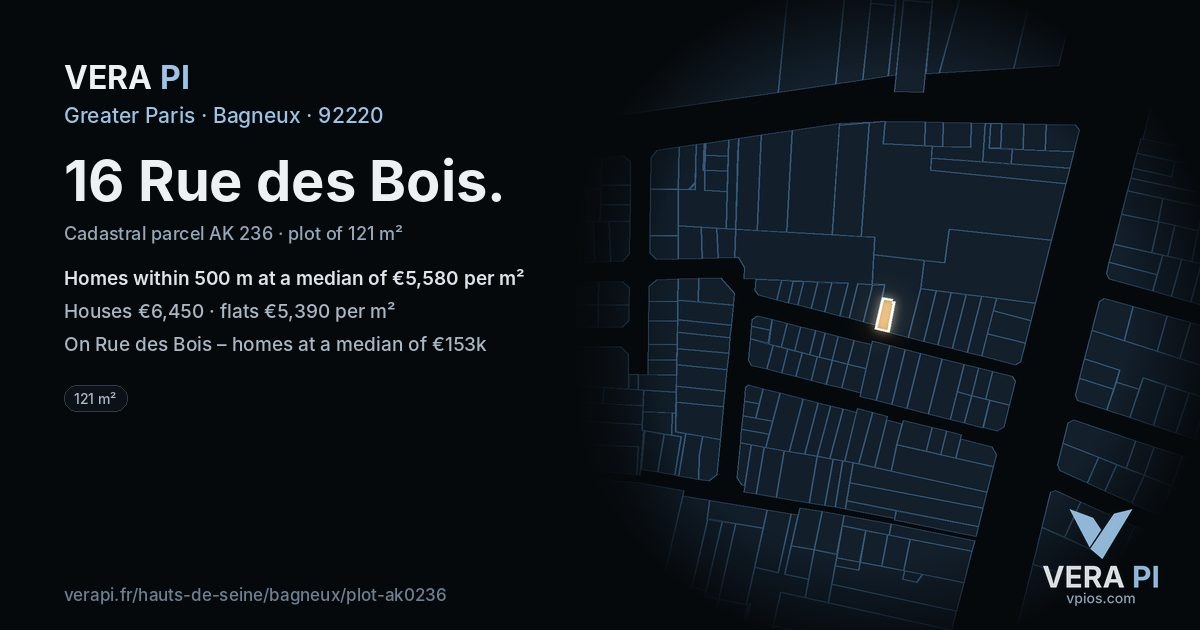 16 Rue des Bois, Bagneux at night – the plot lit, the parcels around coloured by the prices near them