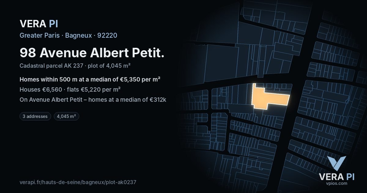 98 Avenue Albert Petit, Bagneux at night – the plot lit, the parcels around coloured by the prices near them