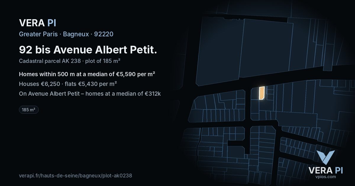 92 bis Avenue Albert Petit, Bagneux at night – the plot lit, the parcels around coloured by the prices near them