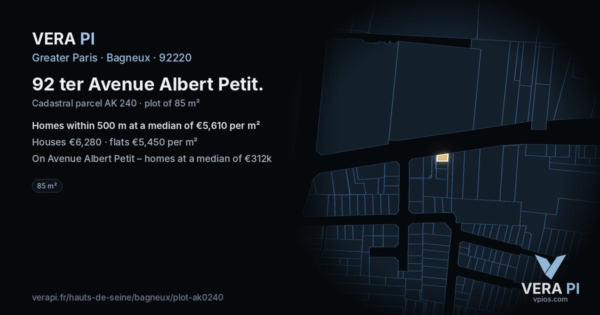 92 ter Avenue Albert Petit, Bagneux at night – the plot lit, the parcels around coloured by the prices near them