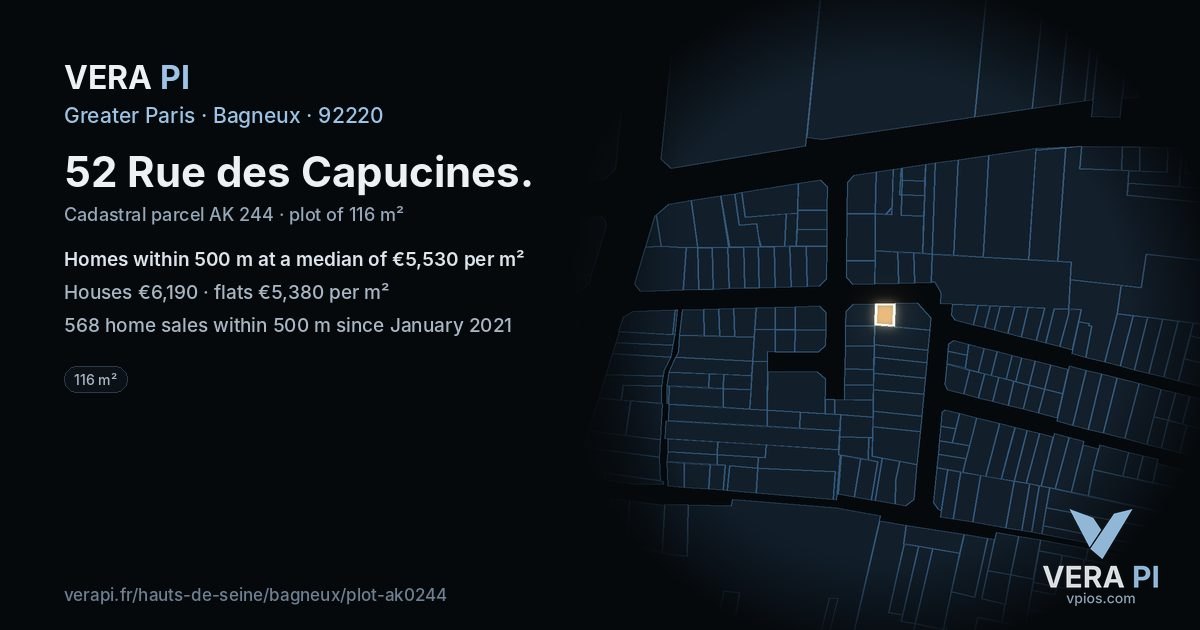 52 Rue des Capucines, Bagneux at night – the plot lit, the parcels around coloured by the prices near them