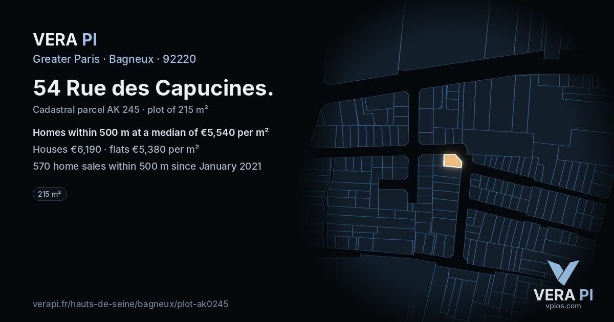 54 Rue des Capucines, Bagneux at night – the plot lit, the parcels around coloured by the prices near them