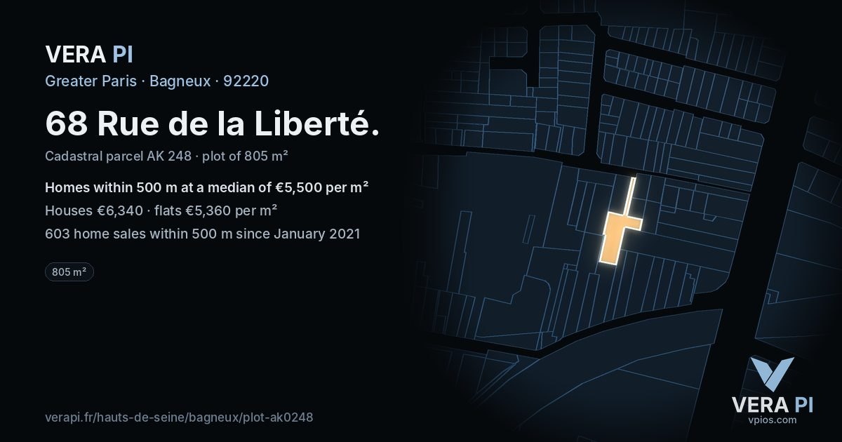 68 Rue de la Liberté, Bagneux at night – the plot lit, the parcels around coloured by the prices near them