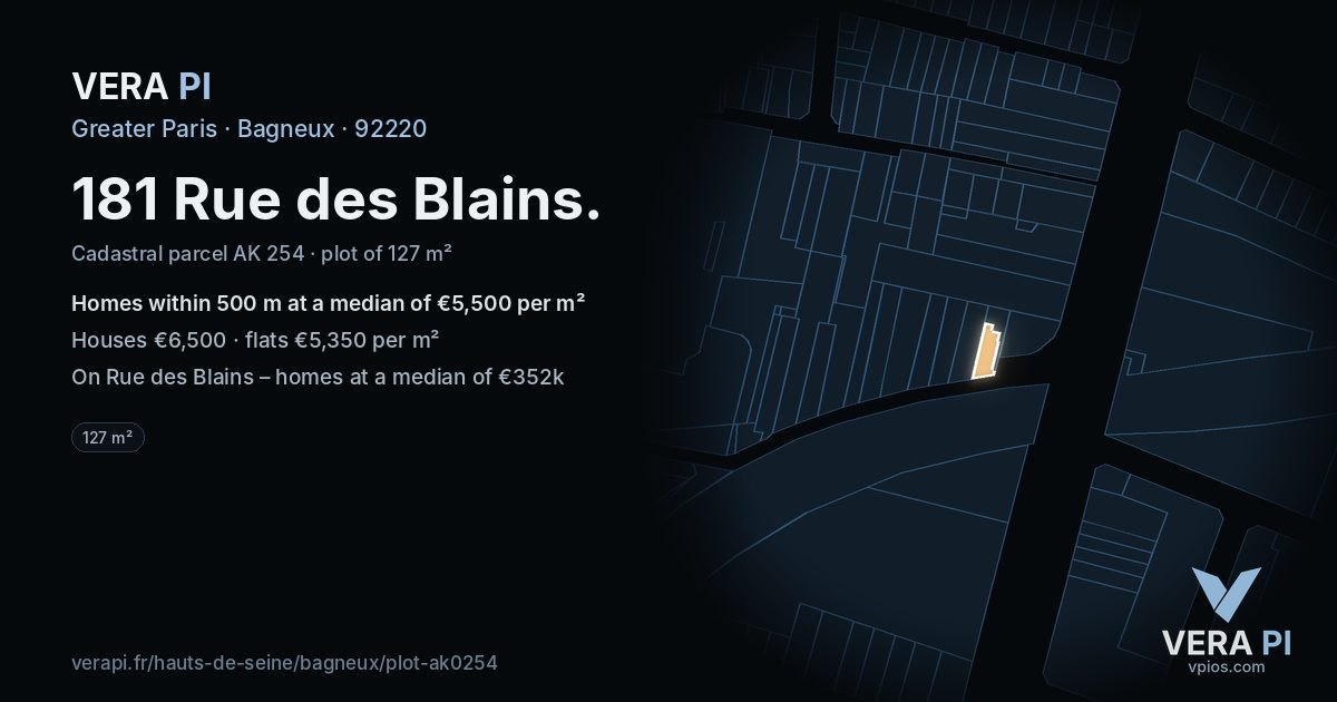 181 Rue des Blains, Bagneux at night – the plot lit, the parcels around coloured by the prices near them