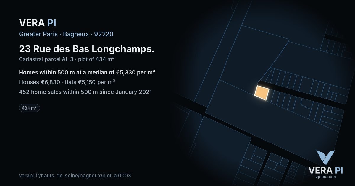 23 Rue des Bas Longchamps, Bagneux at night – the plot lit, the parcels around coloured by the prices near them