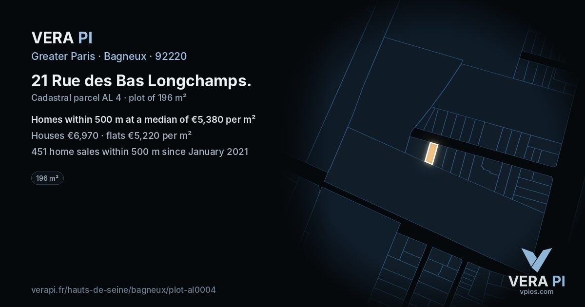 21 Rue des Bas Longchamps, Bagneux at night – the plot lit, the parcels around coloured by the prices near them
