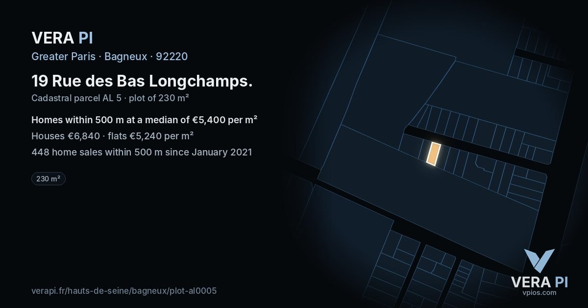 19 Rue des Bas Longchamps, Bagneux at night – the plot lit, the parcels around coloured by the prices near them