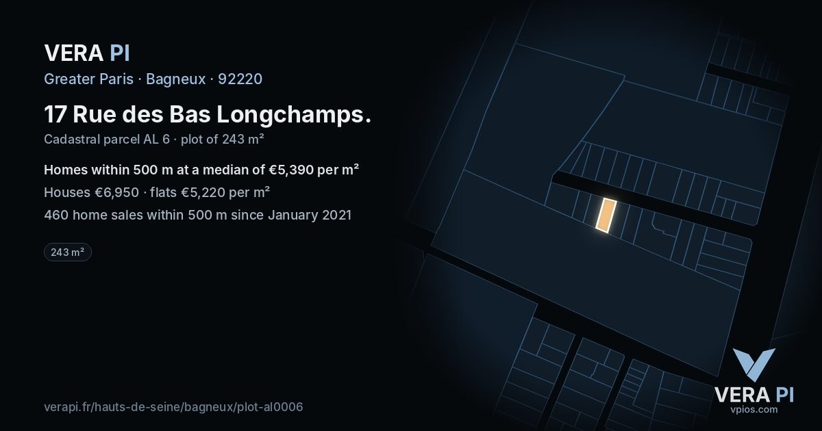 17 Rue des Bas Longchamps, Bagneux at night – the plot lit, the parcels around coloured by the prices near them