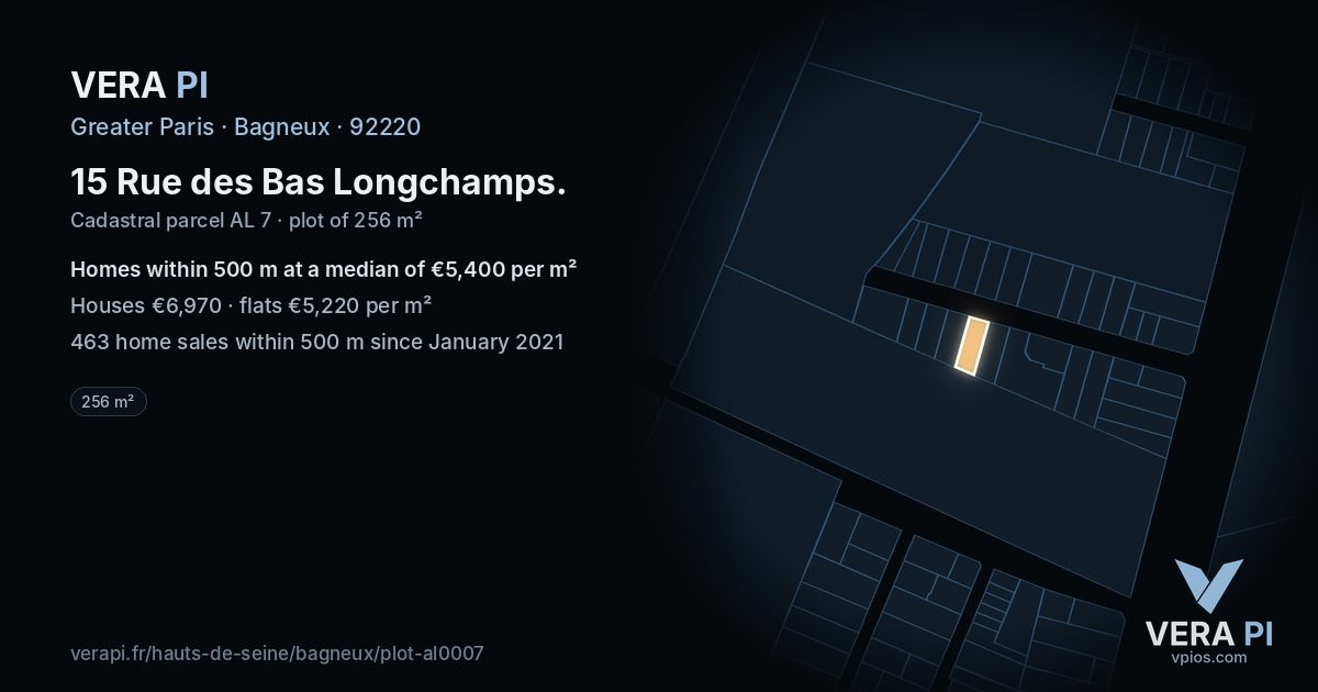 15 Rue des Bas Longchamps, Bagneux at night – the plot lit, the parcels around coloured by the prices near them