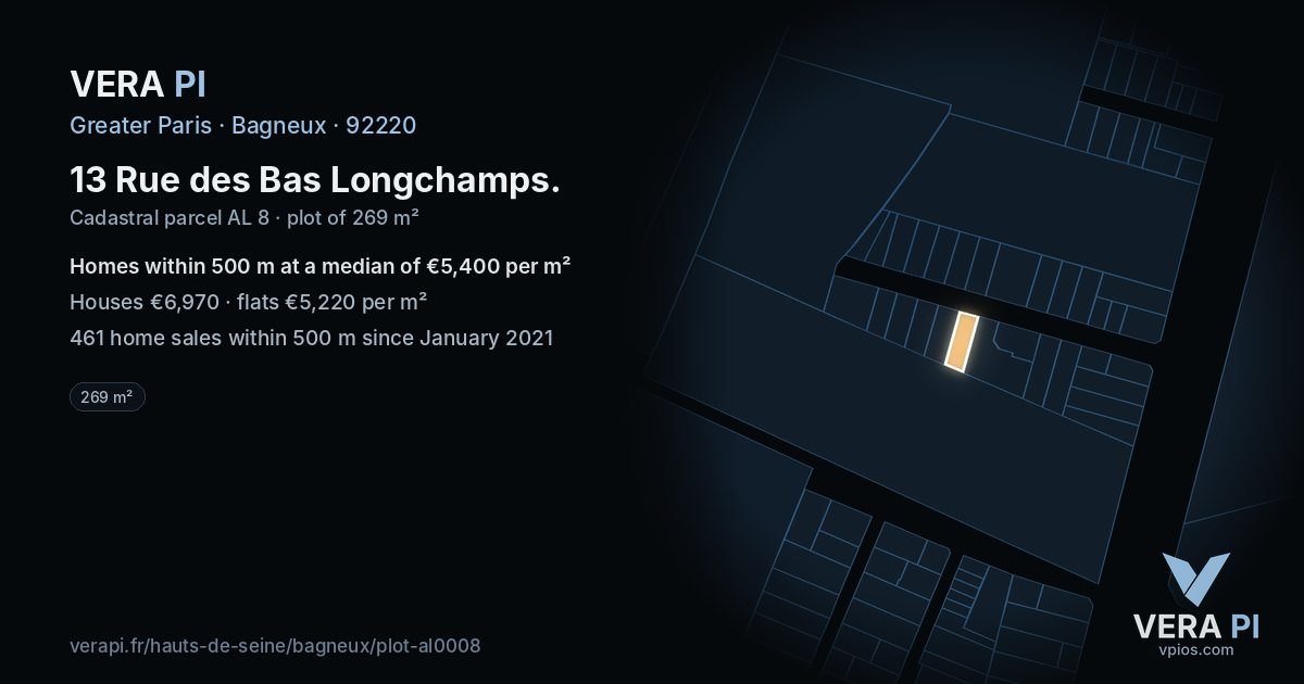 13 Rue des Bas Longchamps, Bagneux at night – the plot lit, the parcels around coloured by the prices near them