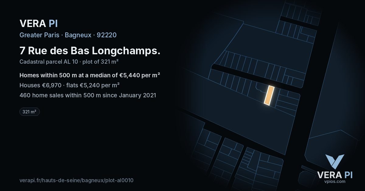 7 Rue des Bas Longchamps, Bagneux at night – the plot lit, the parcels around coloured by the prices near them