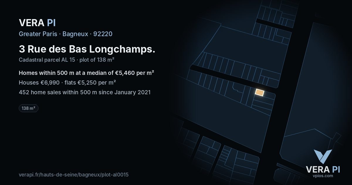 3 Rue des Bas Longchamps, Bagneux at night – the plot lit, the parcels around coloured by the prices near them