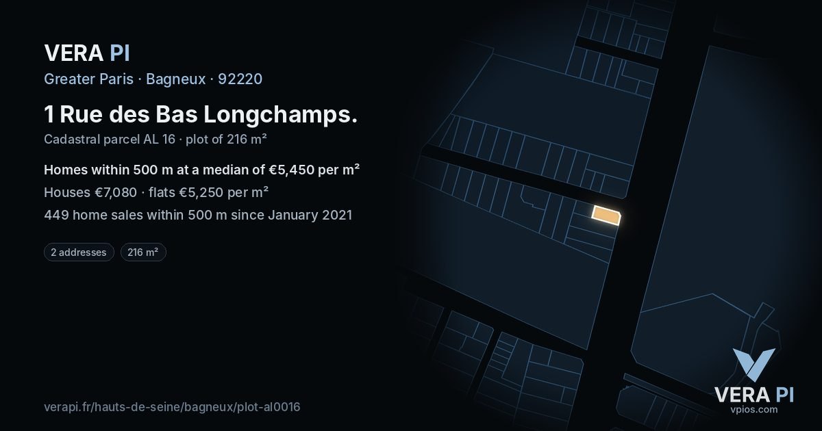 1 Rue des Bas Longchamps, Bagneux at night – the plot lit, the parcels around coloured by the prices near them