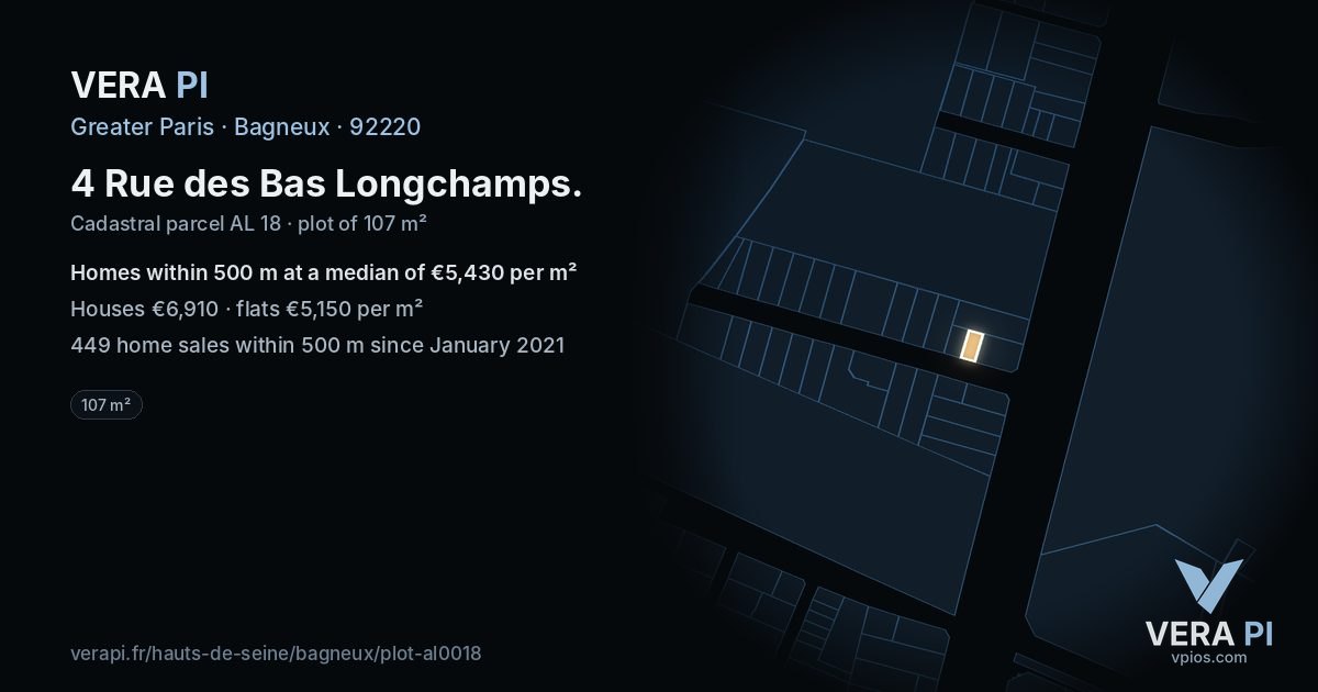 4 Rue des Bas Longchamps, Bagneux at night – the plot lit, the parcels around coloured by the prices near them