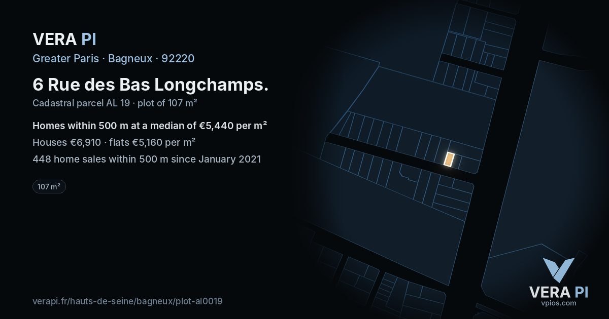 6 Rue des Bas Longchamps, Bagneux at night – the plot lit, the parcels around coloured by the prices near them