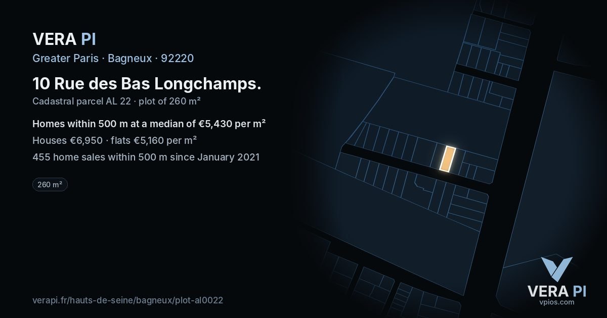 10 Rue des Bas Longchamps, Bagneux at night – the plot lit, the parcels around coloured by the prices near them