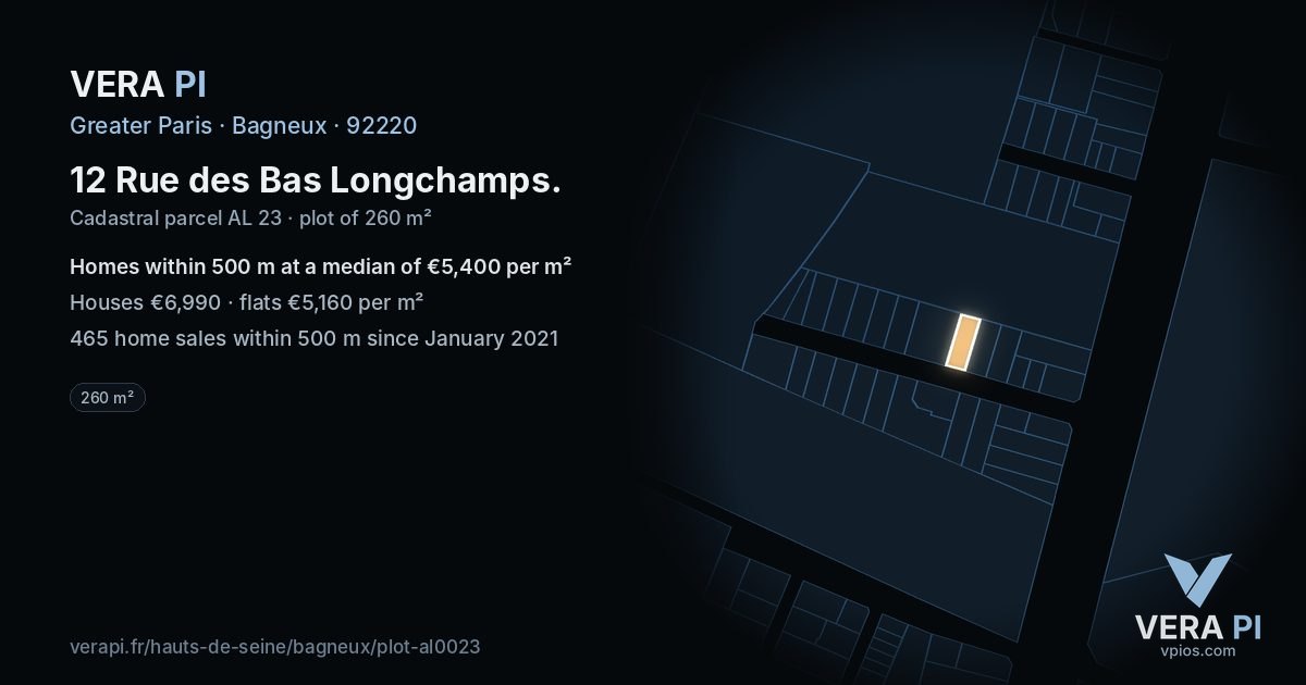 12 Rue des Bas Longchamps, Bagneux at night – the plot lit, the parcels around coloured by the prices near them