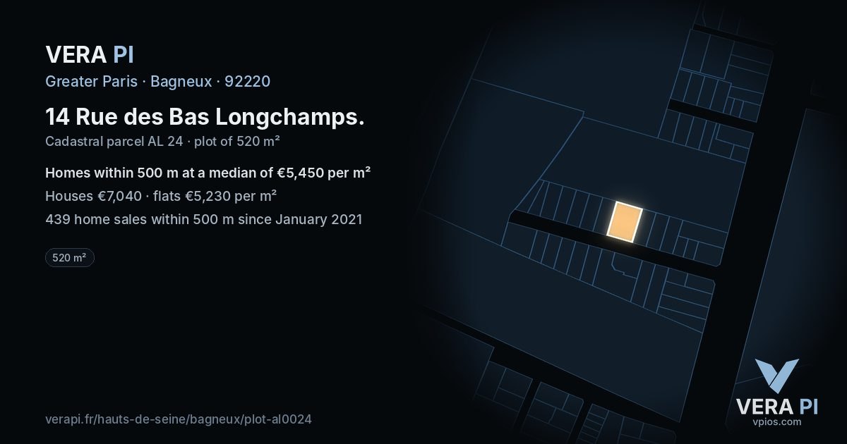 14 Rue des Bas Longchamps, Bagneux at night – the plot lit, the parcels around coloured by the prices near them
