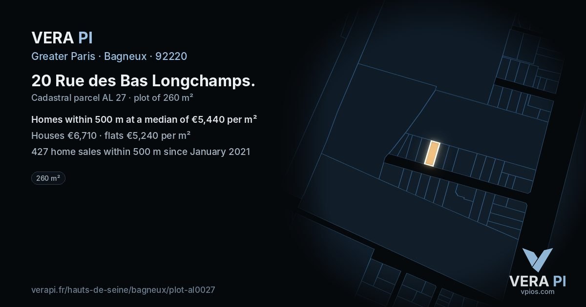 20 Rue des Bas Longchamps, Bagneux at night – the plot lit, the parcels around coloured by the prices near them