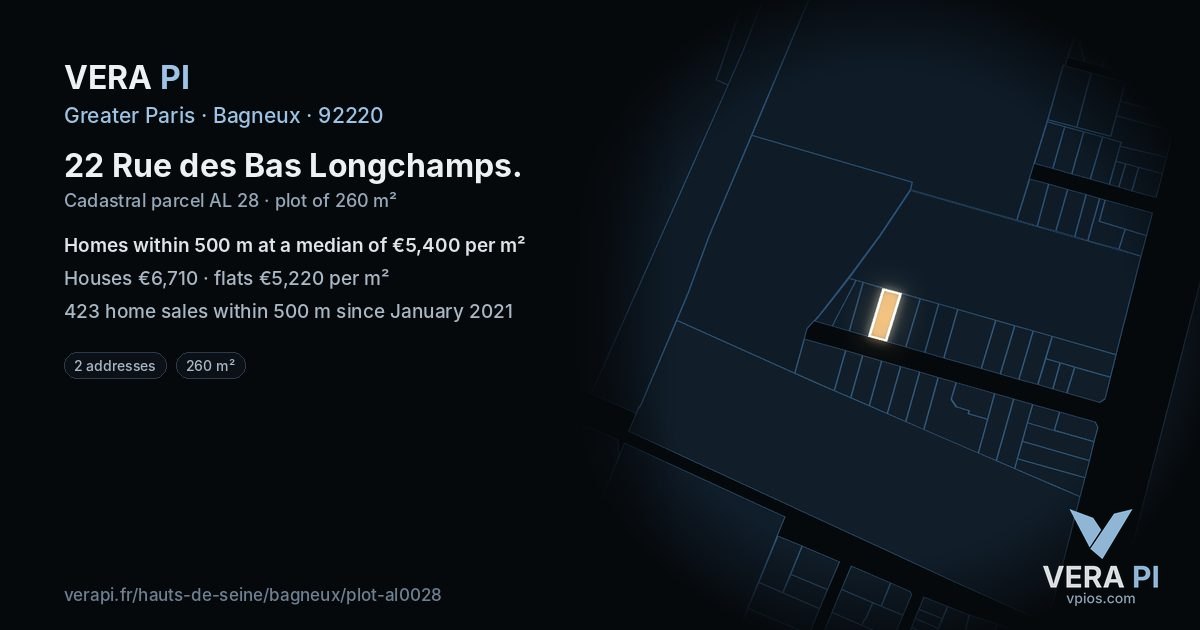 22 Rue des Bas Longchamps, Bagneux at night – the plot lit, the parcels around coloured by the prices near them