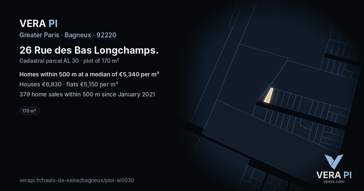 26 Rue des Bas Longchamps, Bagneux at night – the plot lit, the parcels around coloured by the prices near them