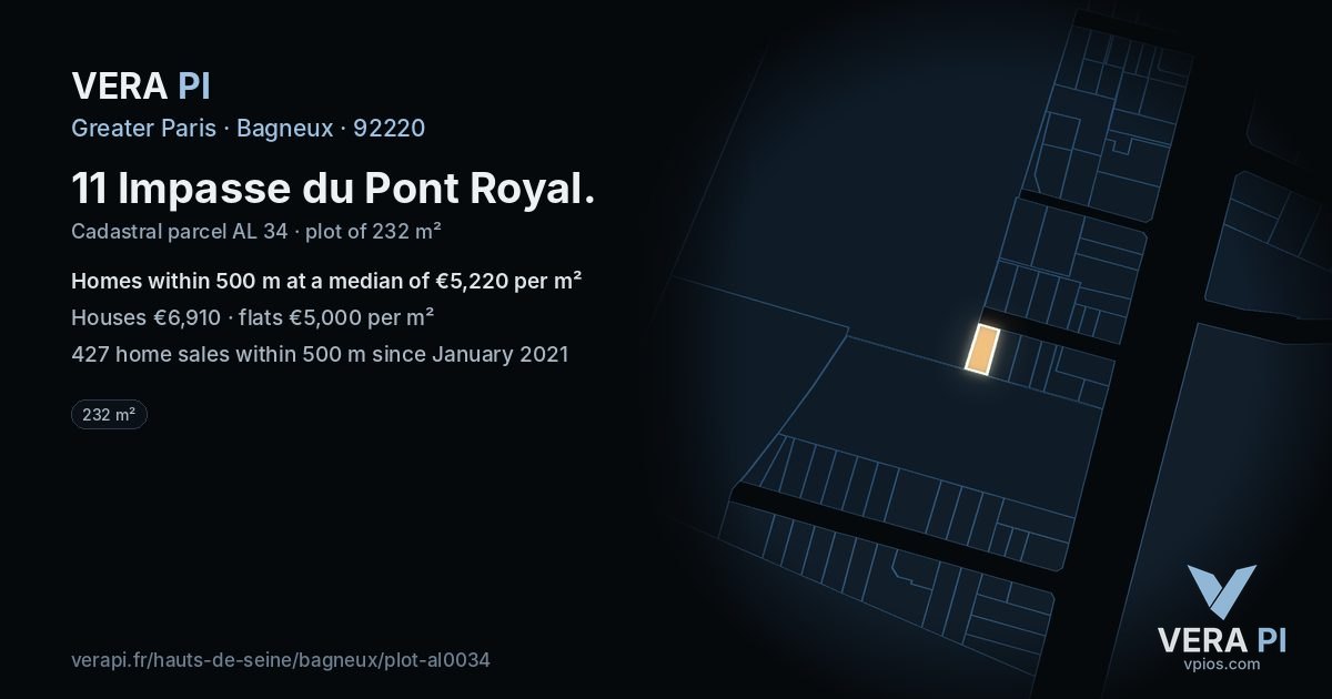 11 Impasse du Pont Royal, Bagneux at night – the plot lit, the parcels around coloured by the prices near them