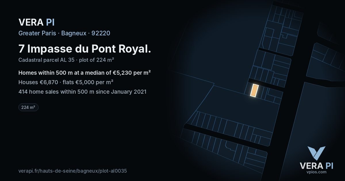 7 Impasse du Pont Royal, Bagneux at night – the plot lit, the parcels around coloured by the prices near them