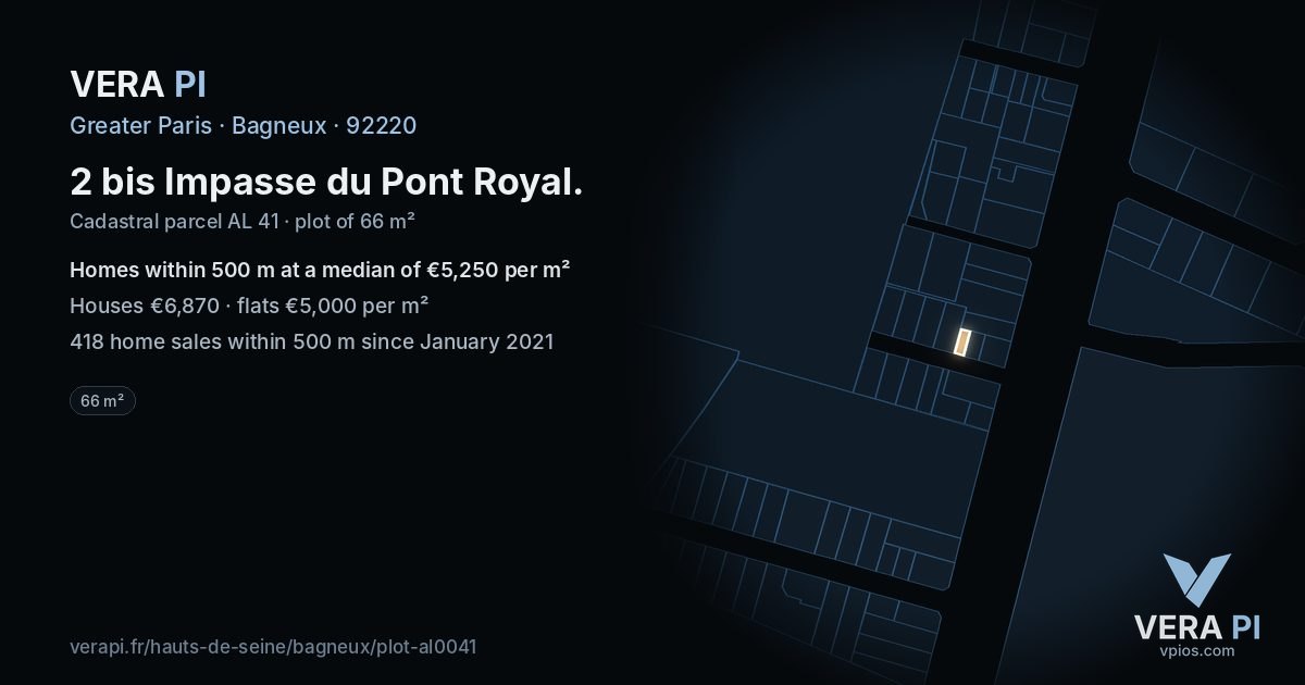 2 bis Impasse du Pont Royal, Bagneux at night – the plot lit, the parcels around coloured by the prices near them