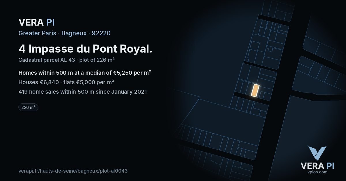 4 Impasse du Pont Royal, Bagneux at night – the plot lit, the parcels around coloured by the prices near them