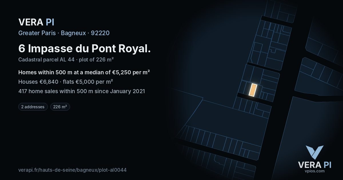 6 Impasse du Pont Royal, Bagneux at night – the plot lit, the parcels around coloured by the prices near them