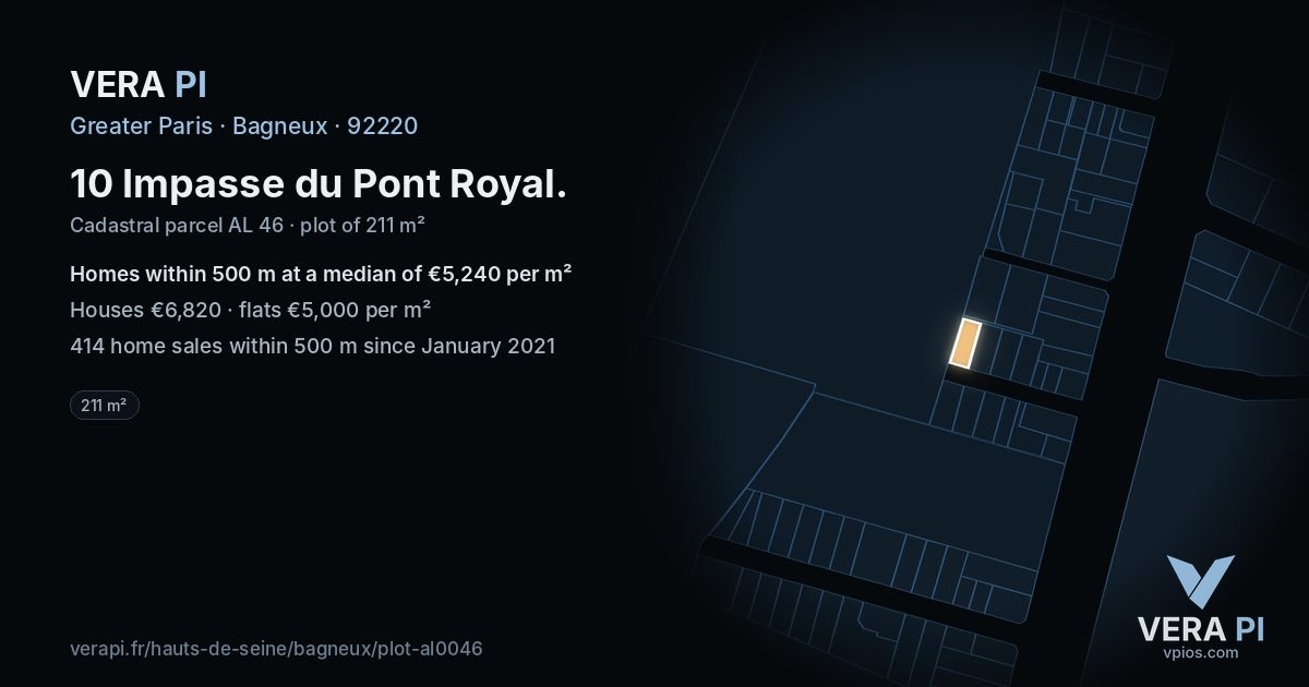10 Impasse du Pont Royal, Bagneux at night – the plot lit, the parcels around coloured by the prices near them