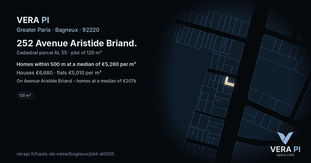 252 Avenue Aristide Briand, Bagneux at night – the plot lit, the parcels around coloured by the prices near them