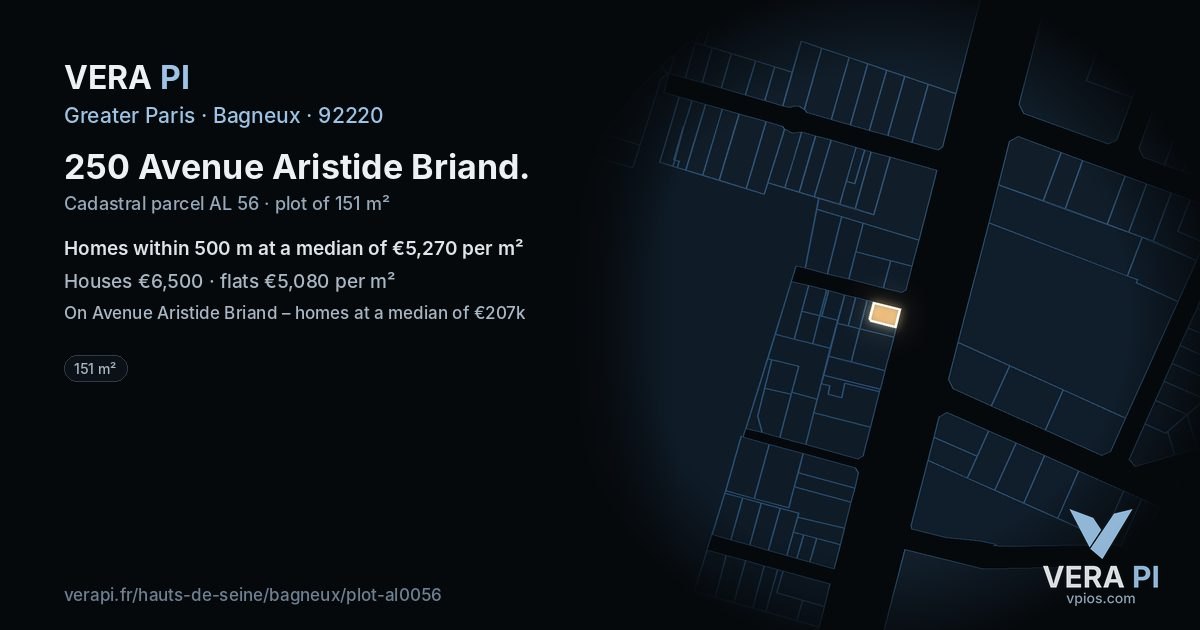 250 Avenue Aristide Briand, Bagneux at night – the plot lit, the parcels around coloured by the prices near them