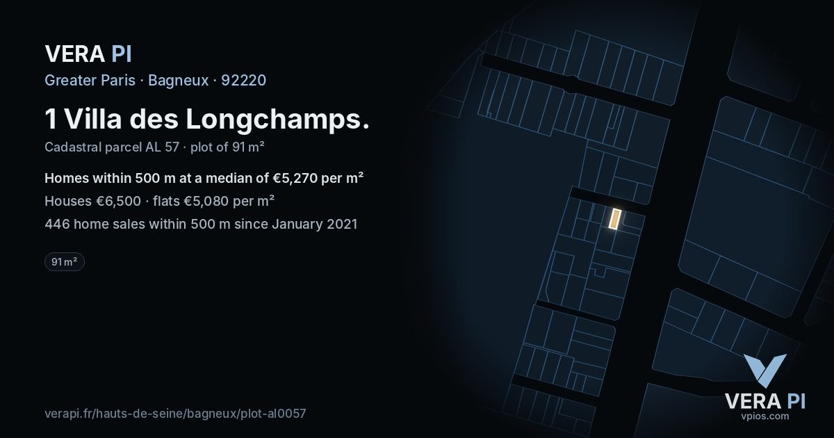 1 Villa des Longchamps, Bagneux at night – the plot lit, the parcels around coloured by the prices near them