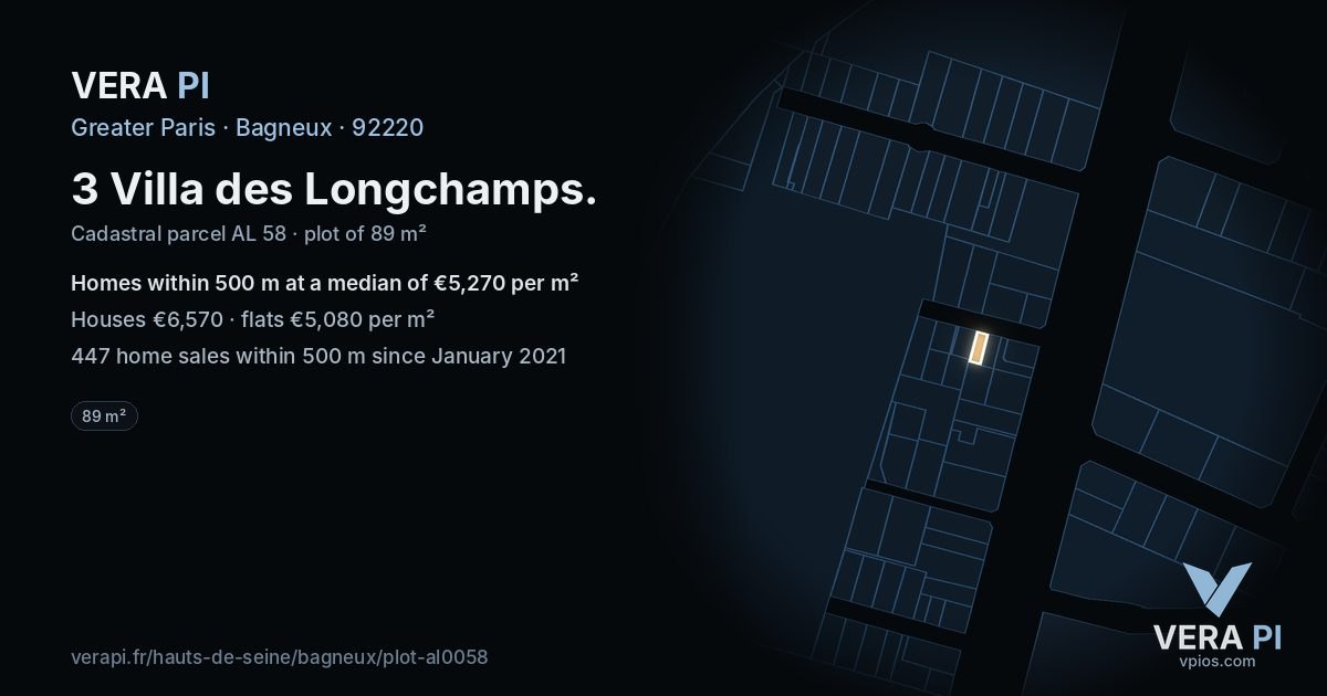 3 Villa des Longchamps, Bagneux at night – the plot lit, the parcels around coloured by the prices near them