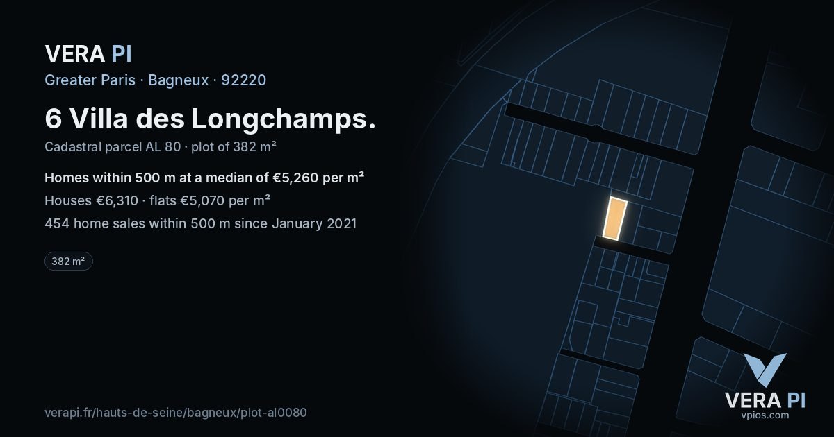 6 Villa des Longchamps, Bagneux at night – the plot lit, the parcels around coloured by the prices near them