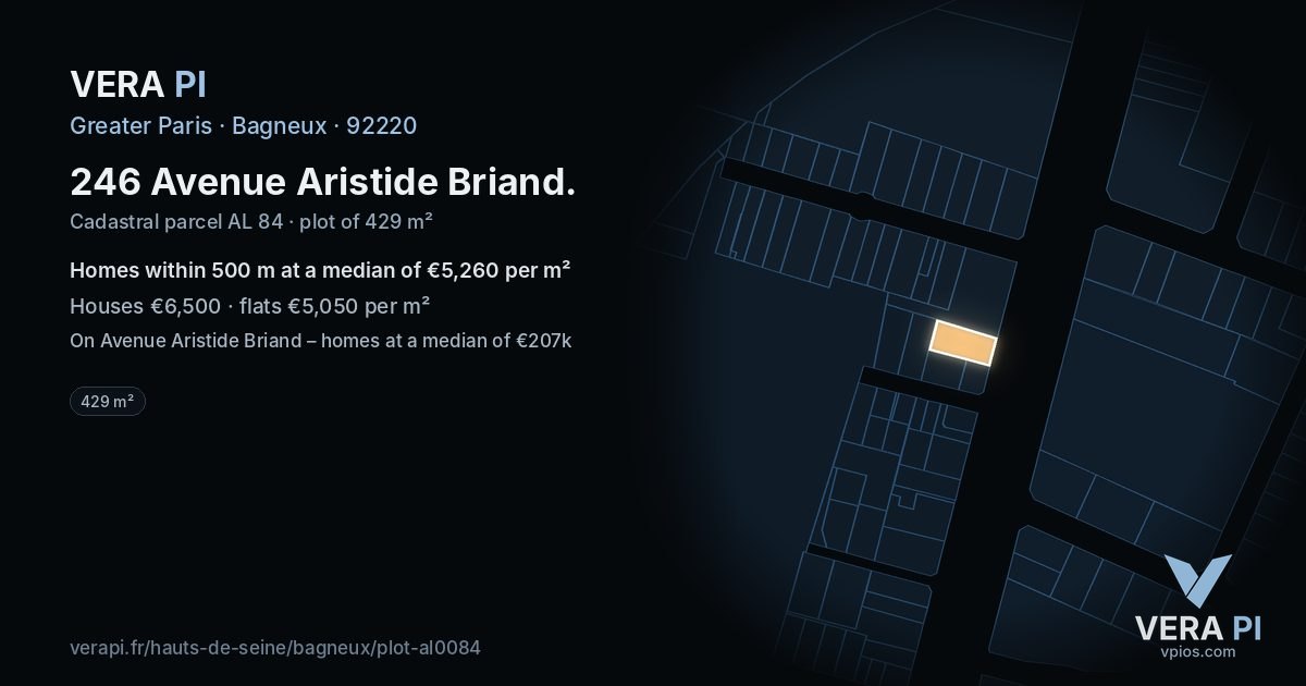 246 Avenue Aristide Briand, Bagneux at night – the plot lit, the parcels around coloured by the prices near them