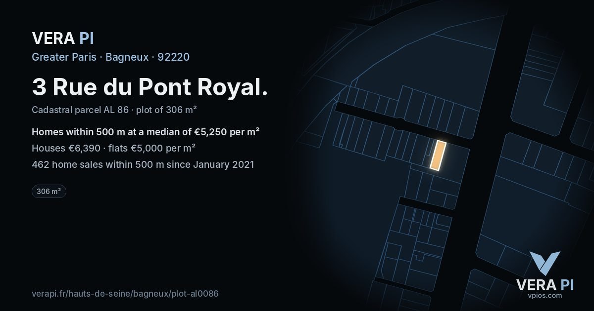 3 Rue du Pont Royal, Bagneux at night – the plot lit, the parcels around coloured by the prices near them