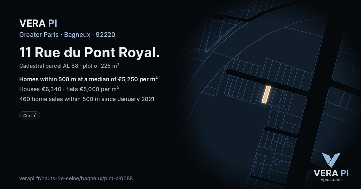 11 Rue du Pont Royal, Bagneux at night – the plot lit, the parcels around coloured by the prices near them