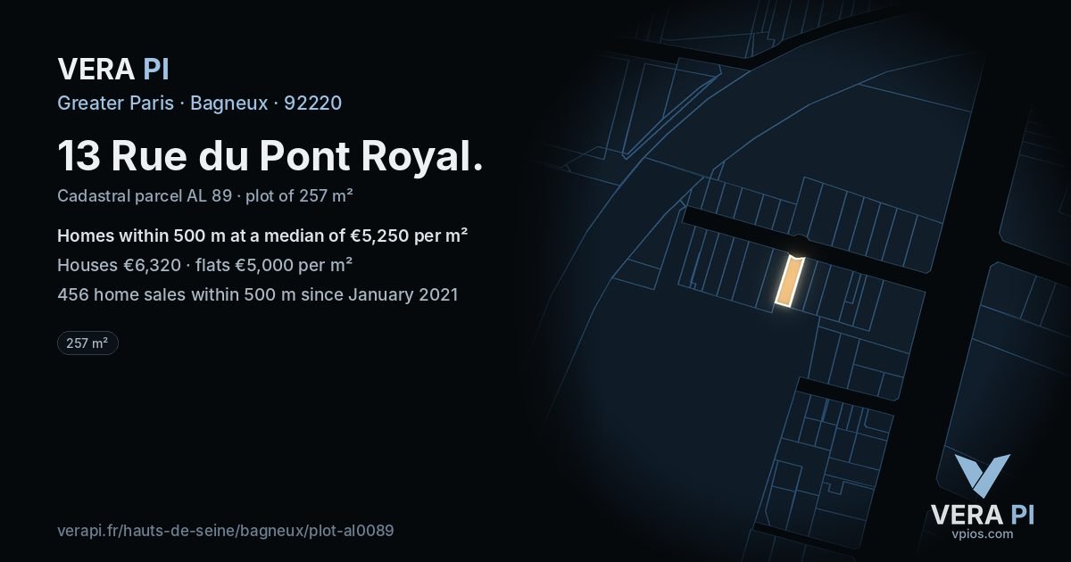13 Rue du Pont Royal, Bagneux at night – the plot lit, the parcels around coloured by the prices near them