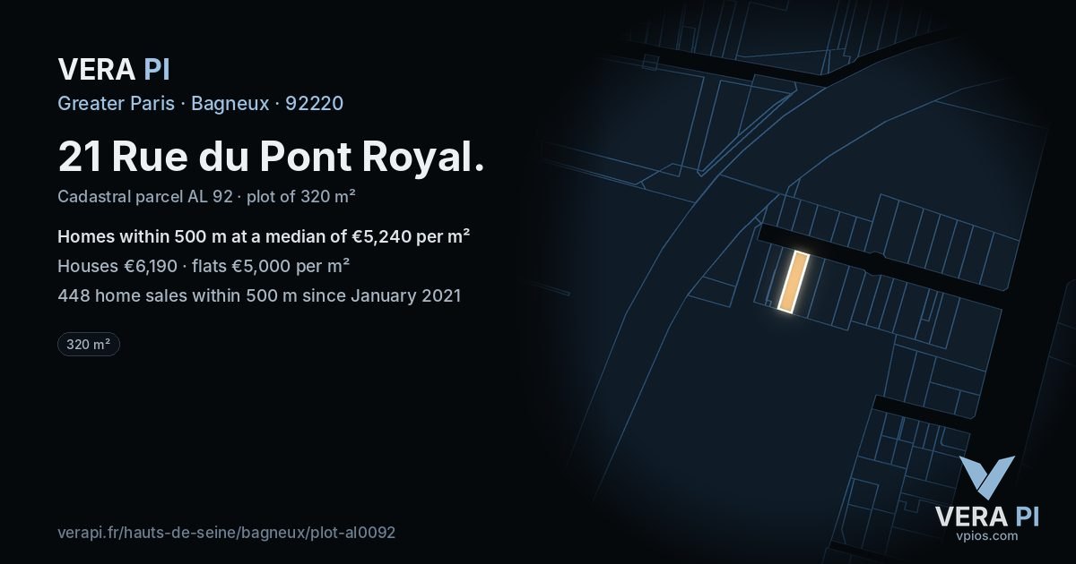 21 Rue du Pont Royal, Bagneux at night – the plot lit, the parcels around coloured by the prices near them
