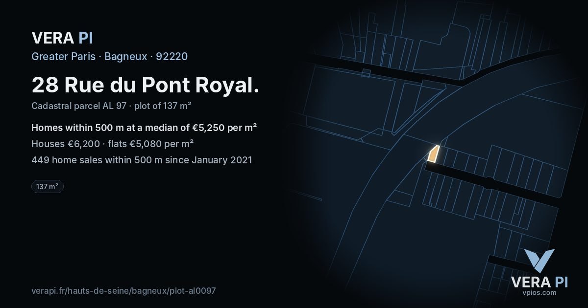 28 Rue du Pont Royal, Bagneux at night – the plot lit, the parcels around coloured by the prices near them