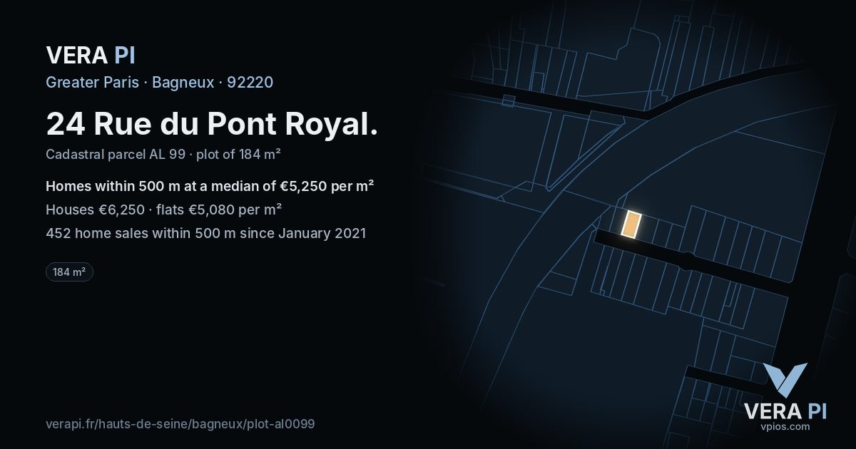 24 Rue du Pont Royal, Bagneux at night – the plot lit, the parcels around coloured by the prices near them