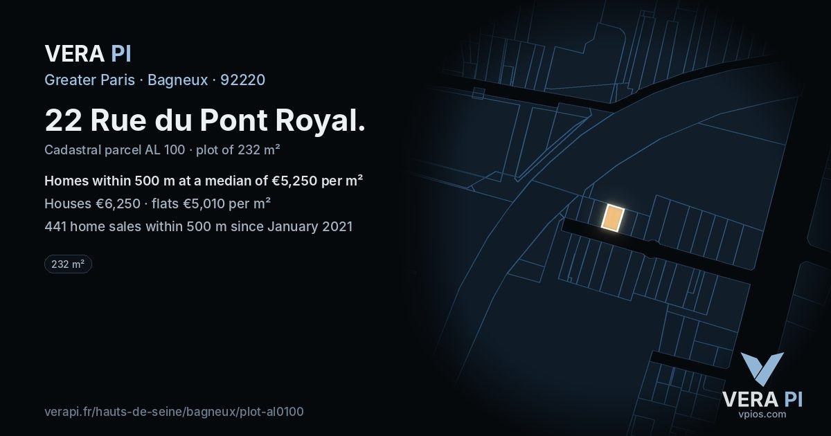 22 Rue du Pont Royal, Bagneux at night – the plot lit, the parcels around coloured by the prices near them