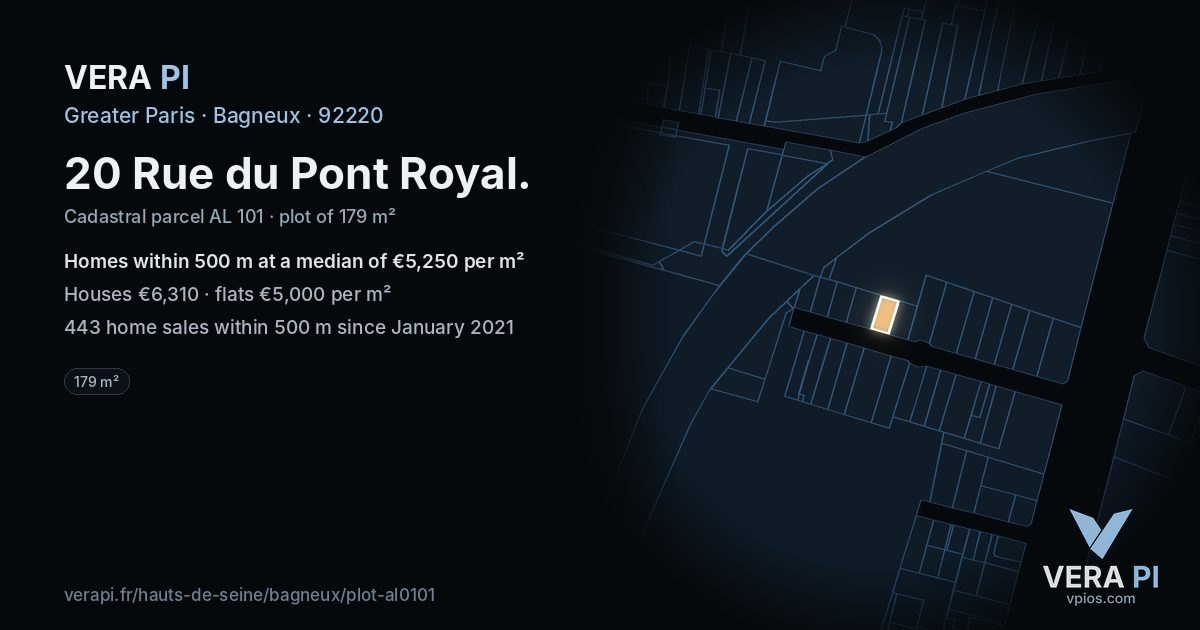 20 Rue du Pont Royal, Bagneux at night – the plot lit, the parcels around coloured by the prices near them