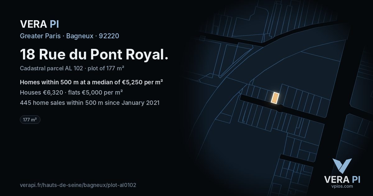 18 Rue du Pont Royal, Bagneux at night – the plot lit, the parcels around coloured by the prices near them